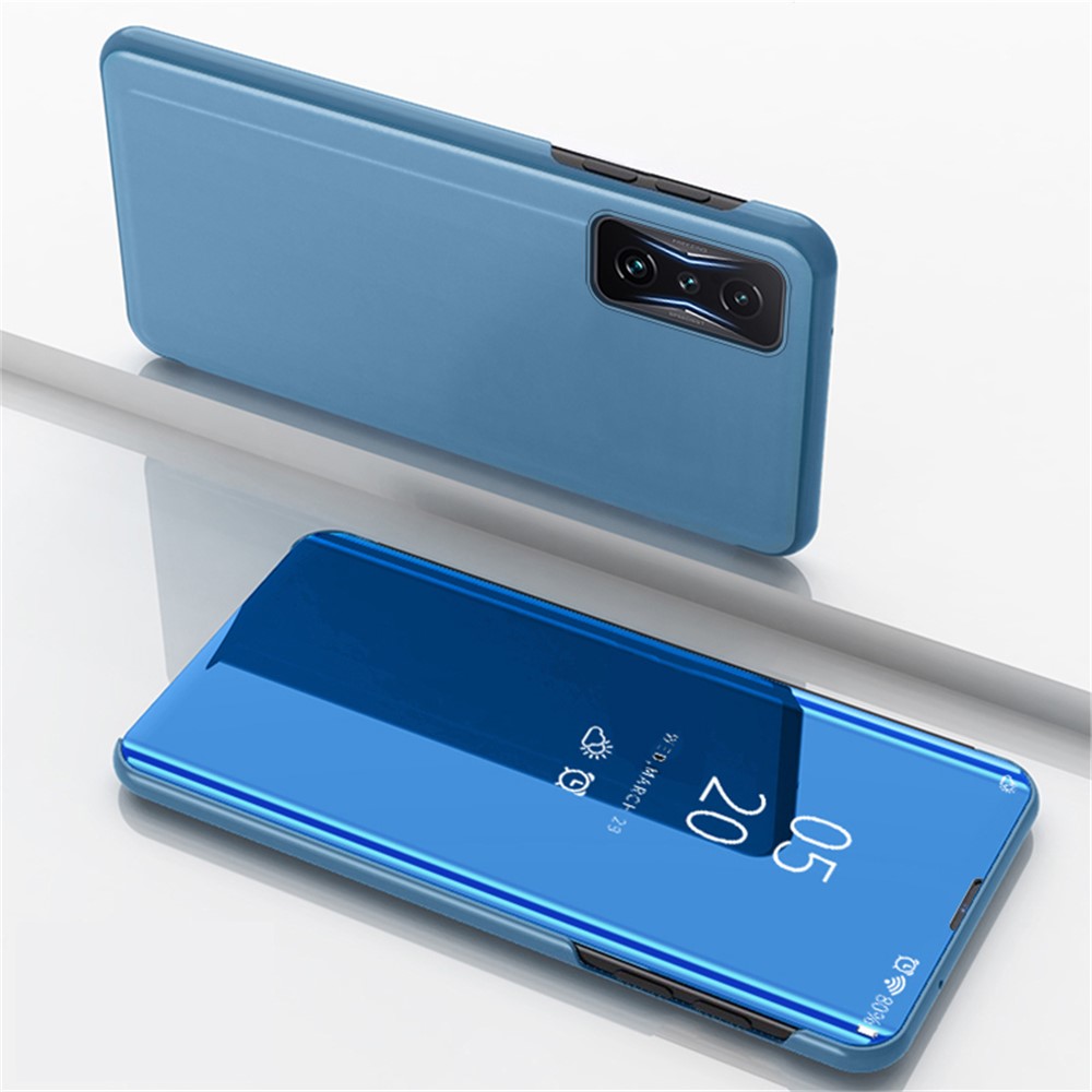 For Xiaomi Poco F4 GT 5G/Redmi K50 Gaming Stand Feature PU Leather Wear-resistant Case View Window Electroplate Mirror Phone Protector - Sky Blue-2