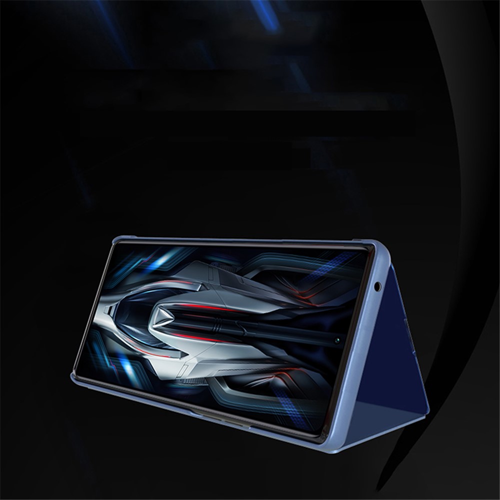 For Xiaomi Poco F4 GT 5G/Redmi K50 Gaming Stand Feature PU Leather Wear-resistant Case View Window Electroplate Mirror Phone Protector - Sky Blue-3