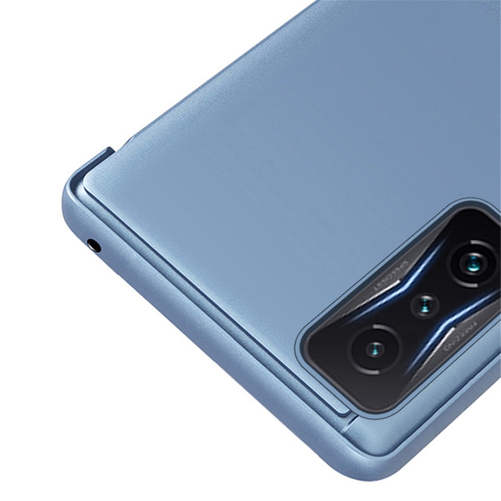 For Xiaomi Poco F4 GT 5G/Redmi K50 Gaming Stand Feature PU Leather Wear-resistant Case View Window Electroplate Mirror Phone Protector - Sky Blue-6