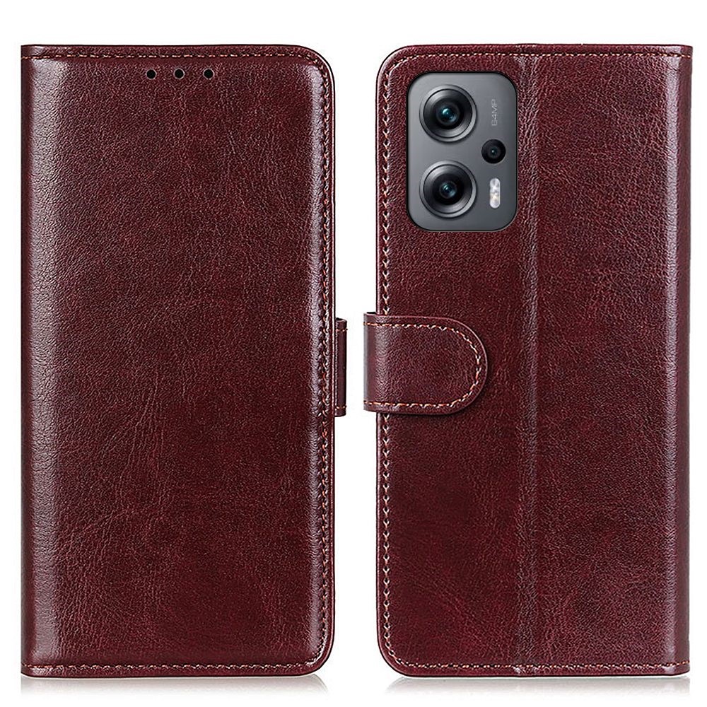 For Xiaomi Redmi Note 11T Pro 5G Shockproof Phone Flip Case Crazy Horse Texture PU Leather Phone Wallet Cover Viewing Stand Scratch-resistant Shell - Brown-1