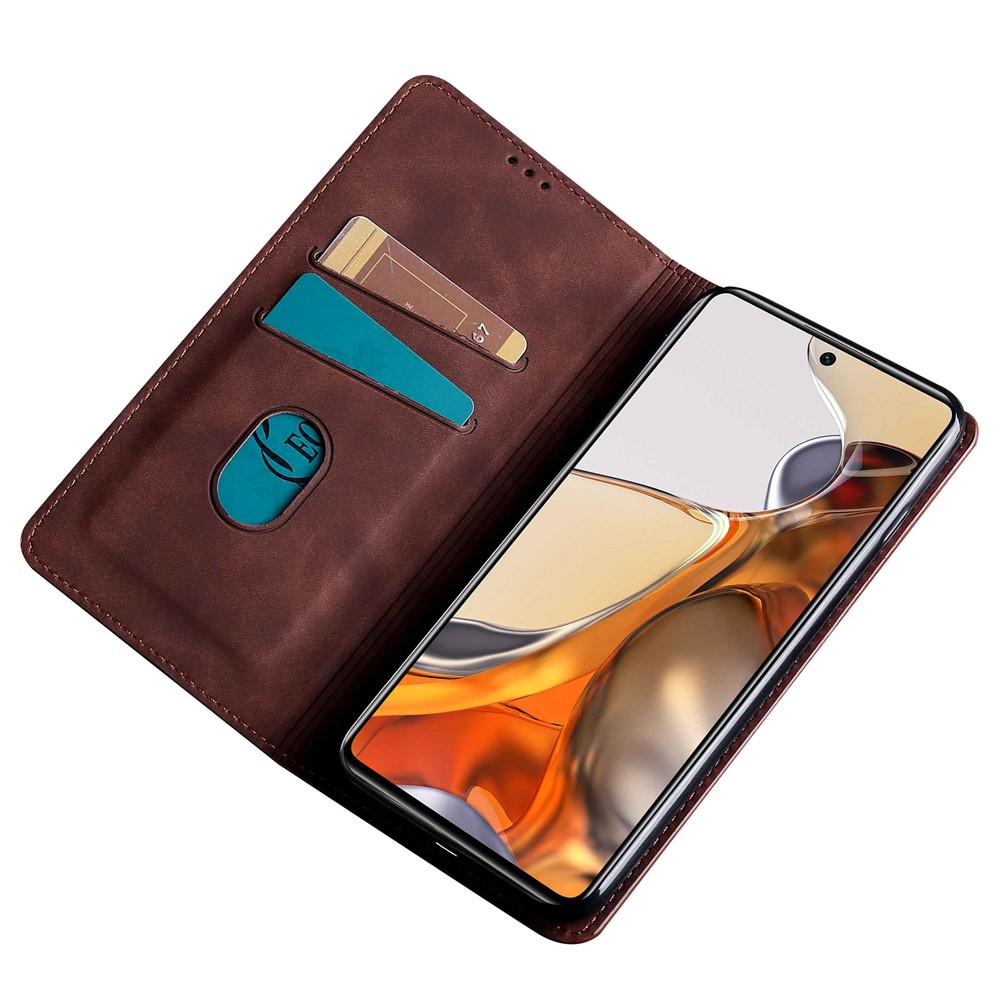 For Xiaomi Poco M4 5G Magnetic Auto-absorbed Skin-touch Feeling Phone Case PU Leather Case Card Slot Phone Stand Cover - Dark Brown-2