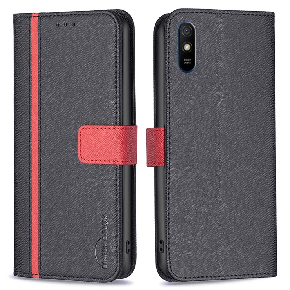 BINFEN COLOR BF Leather Series-9 for Xiaomi Redmi 9A Magnetic Style 13 Splicing Phone Case Cross Texture PU Leather Stand Flip Wallet Cover - Black-1