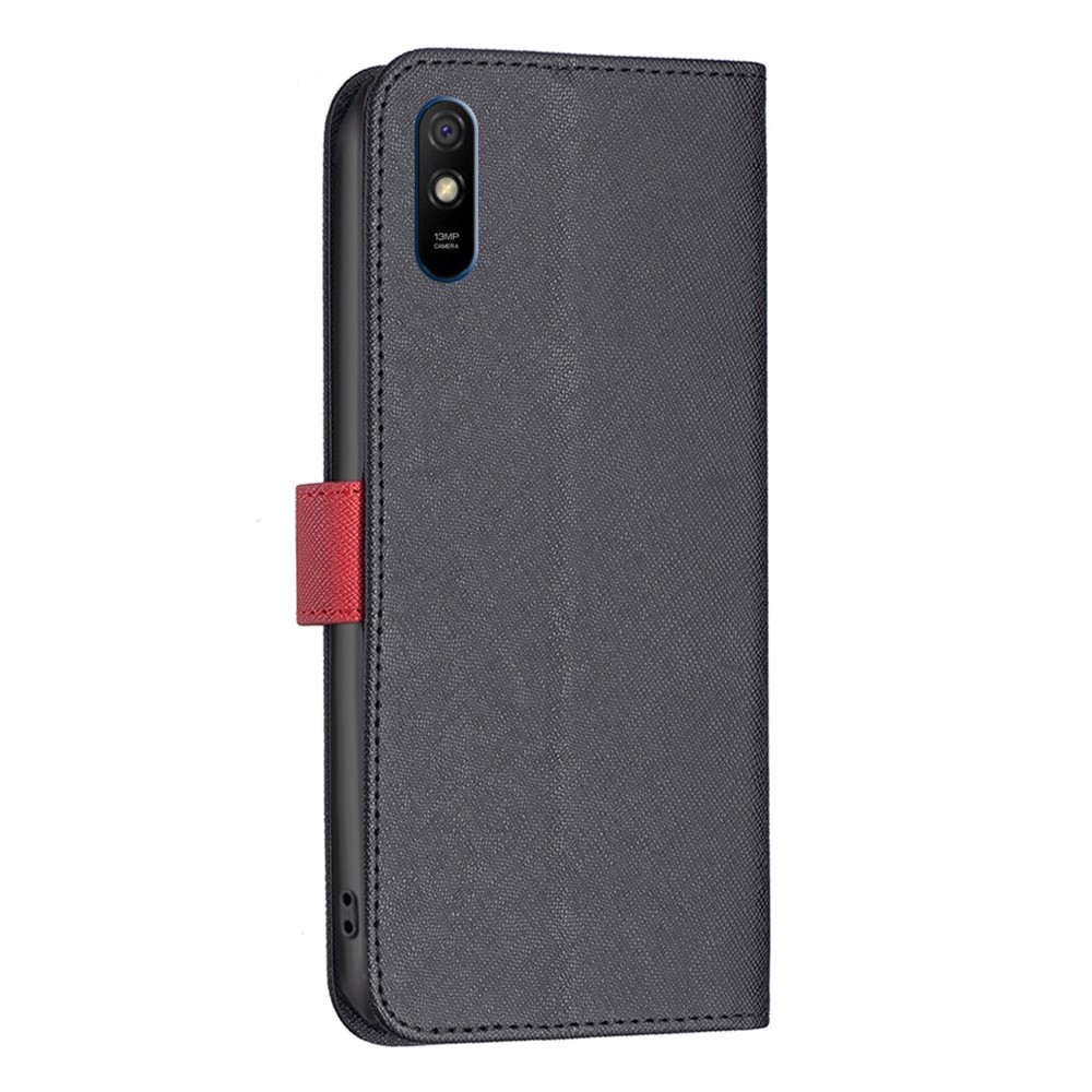 BINFEN COLOR BF Leather Series-9 for Xiaomi Redmi 9A Magnetic Style 13 Splicing Phone Case Cross Texture PU Leather Stand Flip Wallet Cover - Black-7