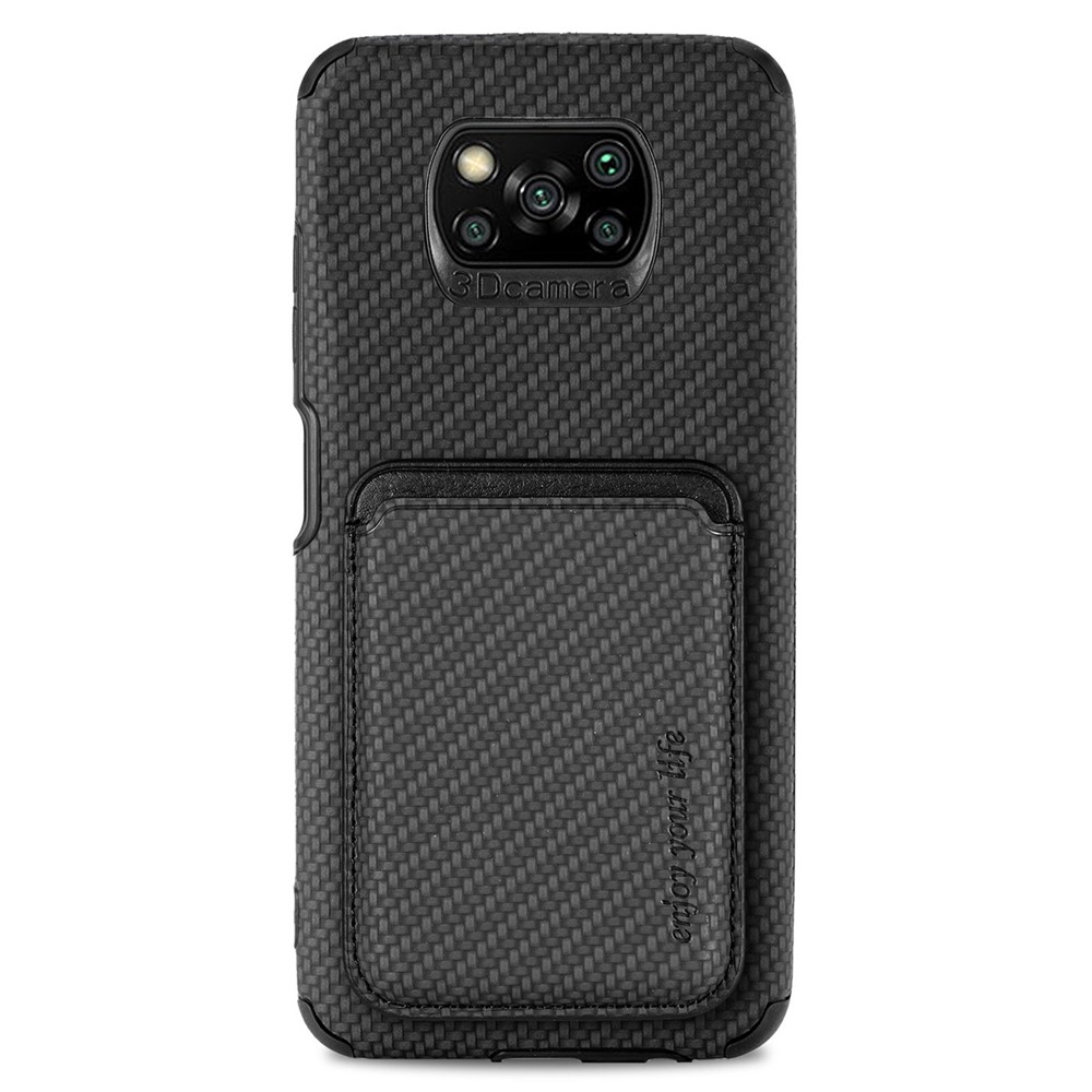 For Xiaomi Poco X3 NFC/X3/X3 Pro Scratch Resistant Phone Case Carbon Fiber Texture PU Leather + TPU + PVC Cover with Magnetic Absorption Detachable Card Holder - Black-1