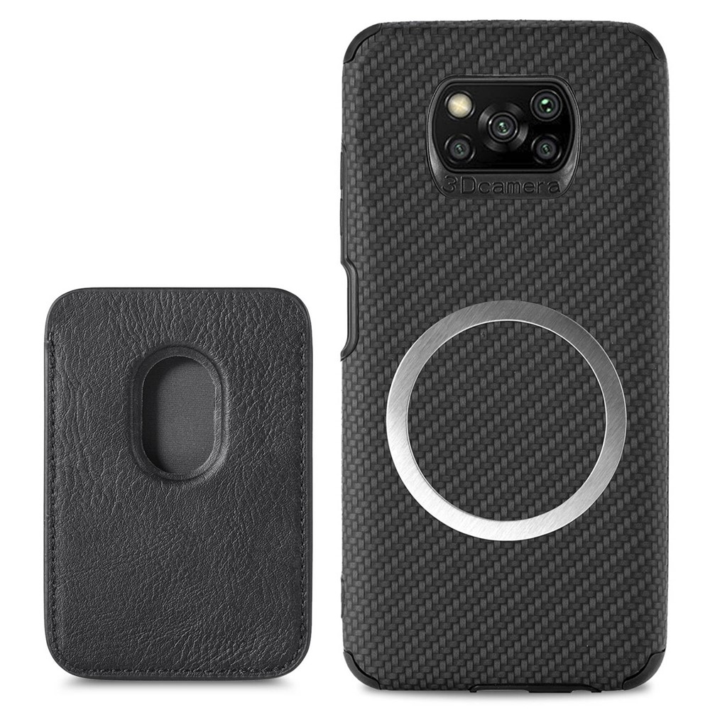 For Xiaomi Poco X3 NFC/X3/X3 Pro Scratch Resistant Phone Case Carbon Fiber Texture PU Leather + TPU + PVC Cover with Magnetic Absorption Detachable Card Holder - Black-10