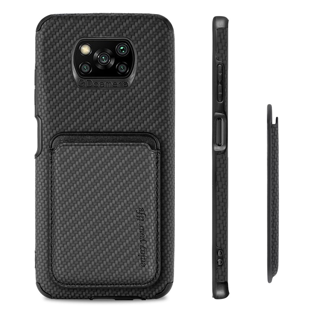 For Xiaomi Poco X3 NFC/X3/X3 Pro Scratch Resistant Phone Case Carbon Fiber Texture PU Leather + TPU + PVC Cover with Magnetic Absorption Detachable Card Holder - Black-11