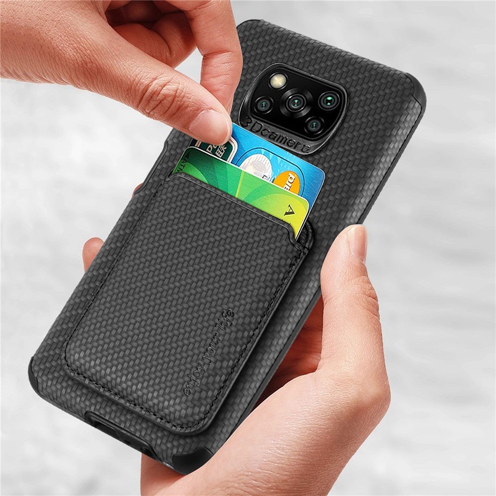 For Xiaomi Poco X3 NFC/X3/X3 Pro Scratch Resistant Phone Case Carbon Fiber Texture PU Leather + TPU + PVC Cover with Magnetic Absorption Detachable Card Holder - Black-3