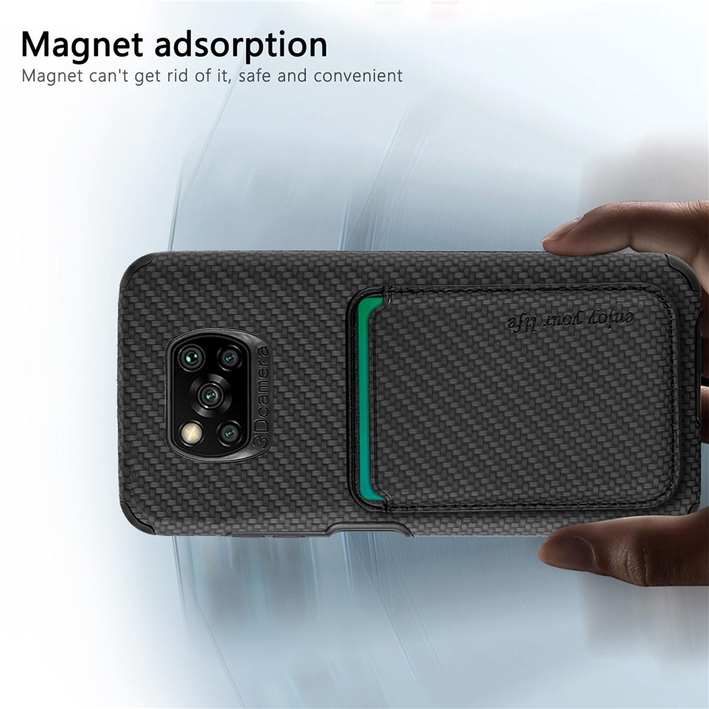 For Xiaomi Poco X3 NFC/X3/X3 Pro Scratch Resistant Phone Case Carbon Fiber Texture PU Leather + TPU + PVC Cover with Magnetic Absorption Detachable Card Holder - Black-5
