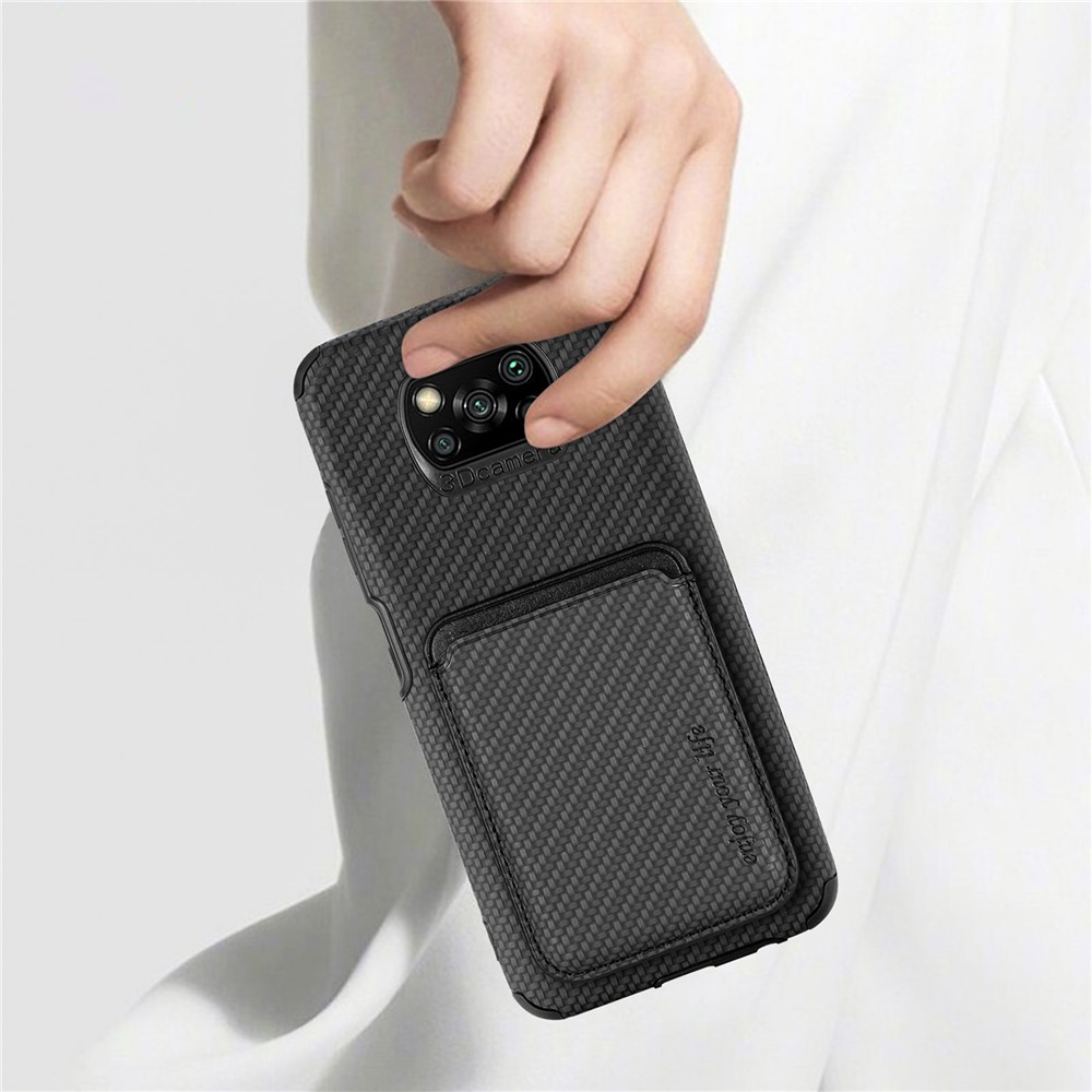 For Xiaomi Poco X3 NFC/X3/X3 Pro Scratch Resistant Phone Case Carbon Fiber Texture PU Leather + TPU + PVC Cover with Magnetic Absorption Detachable Card Holder - Black-6