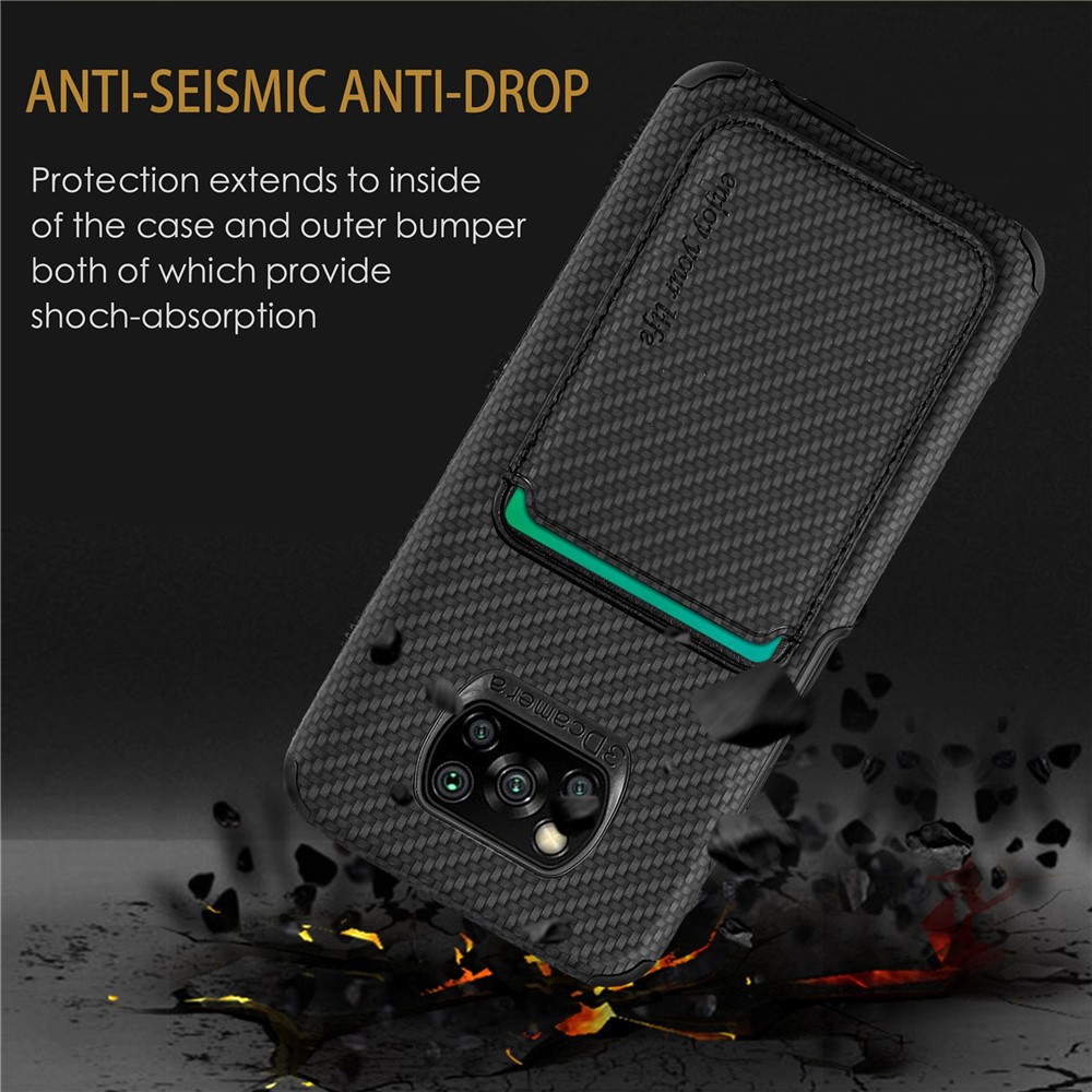 For Xiaomi Poco X3 NFC/X3/X3 Pro Scratch Resistant Phone Case Carbon Fiber Texture PU Leather + TPU + PVC Cover with Magnetic Absorption Detachable Card Holder - Black-7