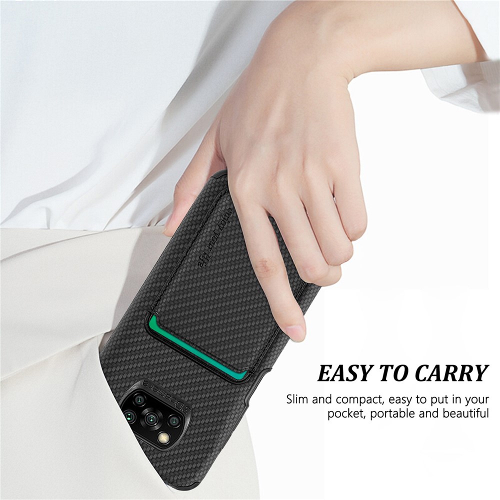For Xiaomi Poco X3 NFC/X3/X3 Pro Scratch Resistant Phone Case Carbon Fiber Texture PU Leather + TPU + PVC Cover with Magnetic Absorption Detachable Card Holder - Black-8
