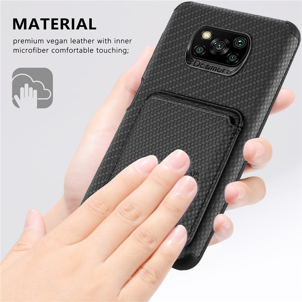 For Xiaomi Poco X3 NFC/X3/X3 Pro Scratch Resistant Phone Case Carbon Fiber Texture PU Leather + TPU + PVC Cover with Magnetic Absorption Detachable Card Holder - Black-9