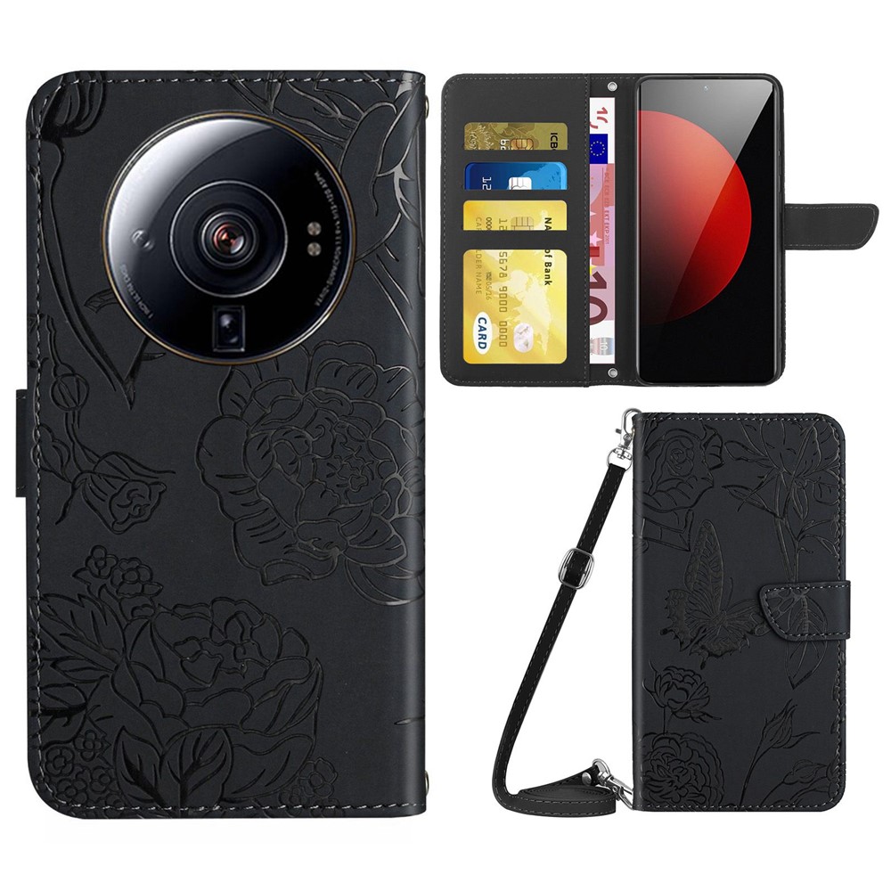 For Xiaomi 12 Ultra / 12S Ultra 5G Skin-touch PU Leather Butterfly Flowers Imprinting Case Phone Stand Wallet Cover with Shoulder Strap - Black-1