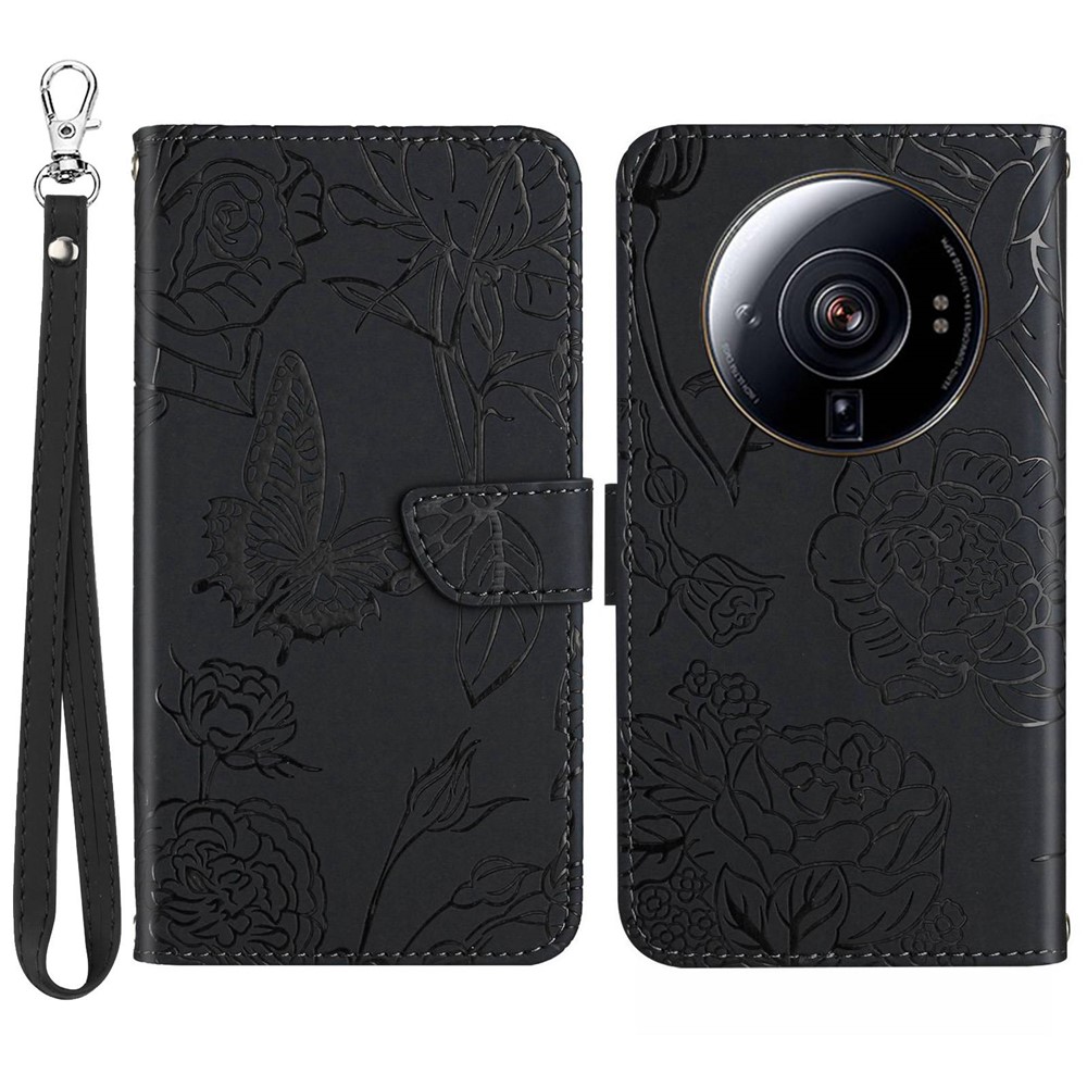 For Xiaomi 12 Ultra 5G / 12S Ultra 5G Butterfly Flowers Imprinting Phone Cover Skin Touch PU Leather Wallet Hands-free Stand Case with Handy Strap - Black-1