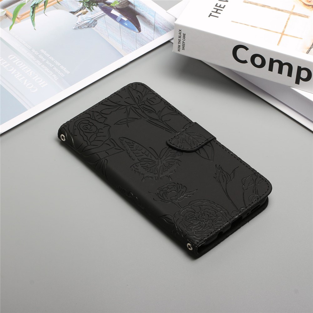 For Xiaomi 12S Ultra 5G Butterfly Flowers Imprinting Phone Cover Skin Touch PU Leather Wallet Hands-free Stand Case with Handy Strap - Black-7