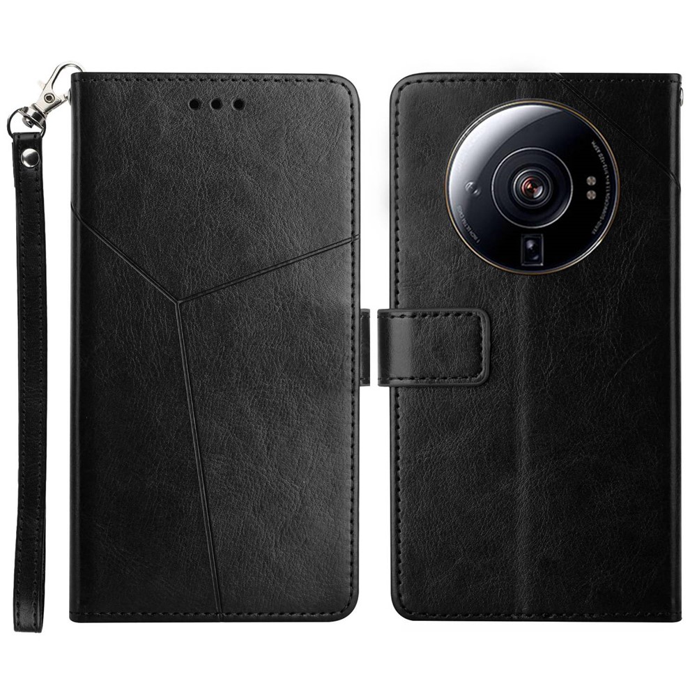 For Xiaomi 12 Ultra 5G / 12S Ultra 5G Imprinted Y-Shaped Lines Wallet Stand Case Anti-fall PU Leather Soft TPU Protective Cover with Strap - Black-1