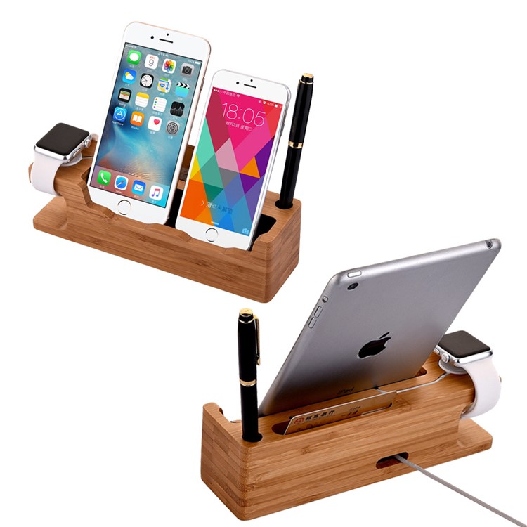 Bamboo Charging Stand Stent Pen/Card Holder for Apple Watch Phone Tablet - EU Plug-1