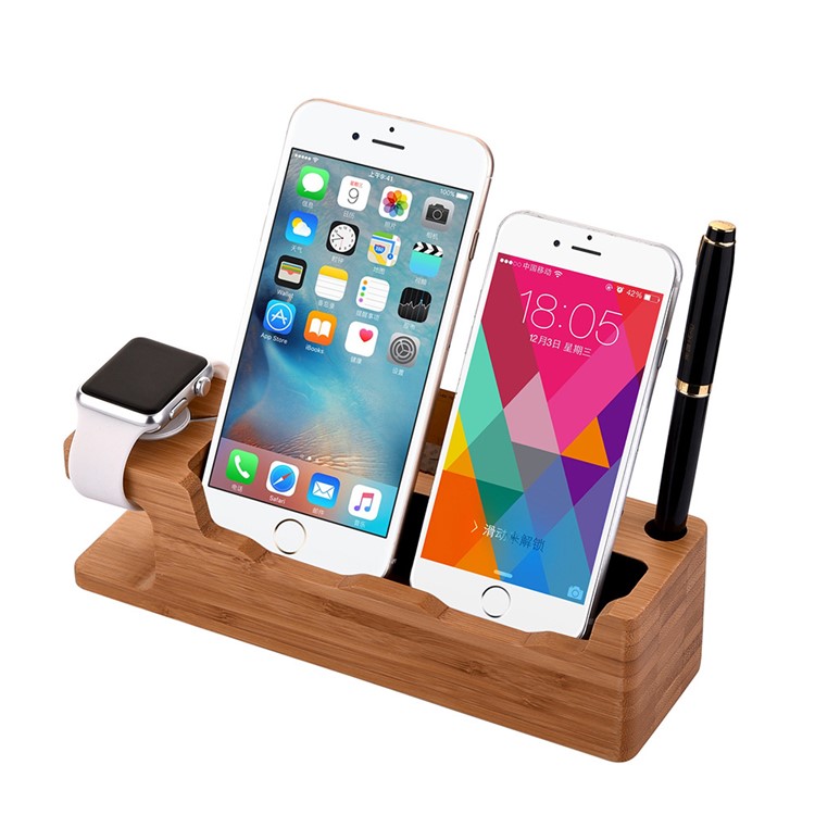 Bamboo Charging Stand Stent Pen/Card Holder for Apple Watch Phone Tablet - EU Plug-2