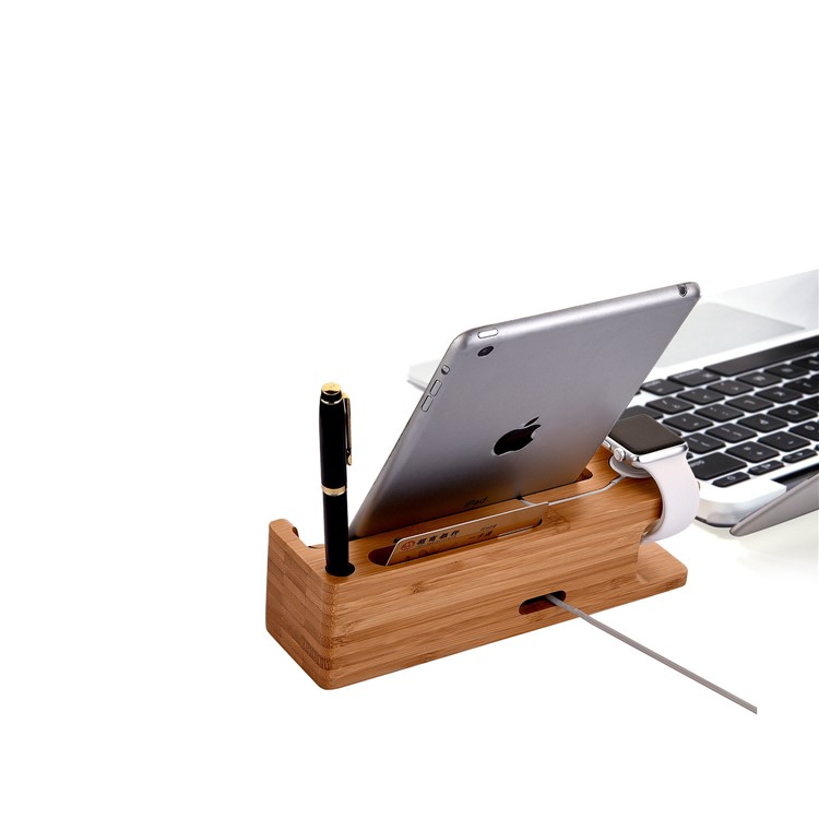 Bamboo Charging Stand Stent Pen/Card Holder for Apple Watch Phone Tablet - EU Plug-3