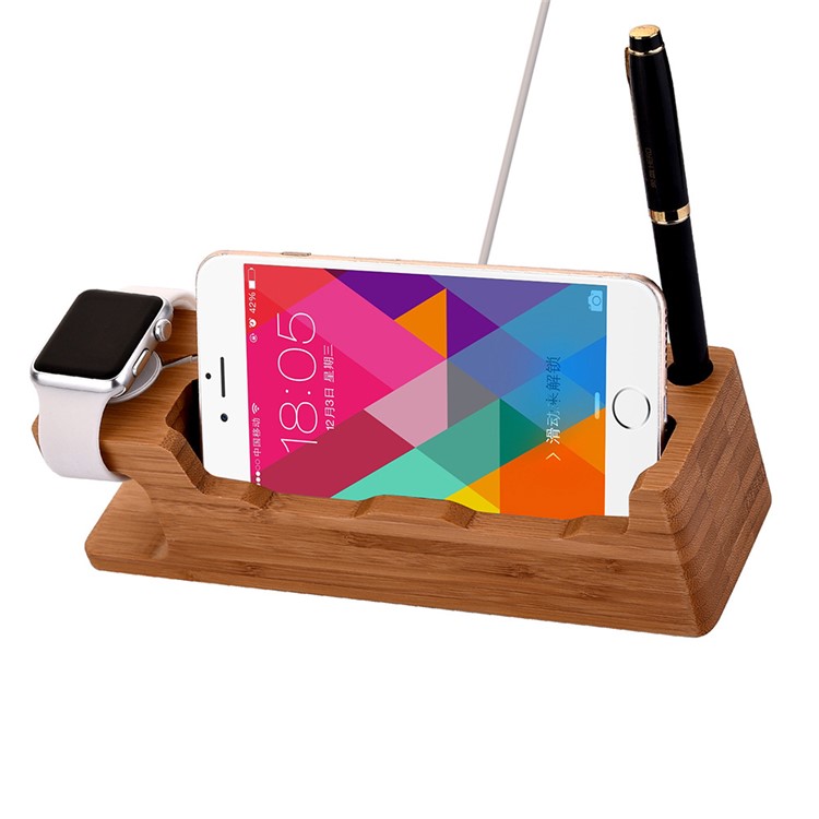 Bamboo Charging Stand Stent Pen/Card Holder for Apple Watch Phone Tablet - EU Plug-4