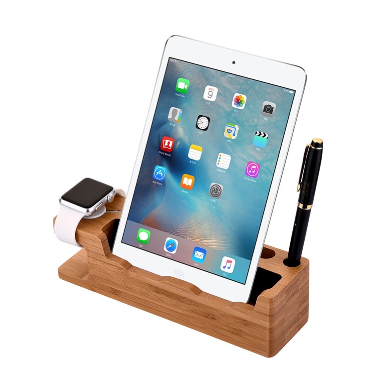 Bamboo Charging Stand Stent Pen/Card Holder for Apple Watch Phone Tablet - EU Plug-8