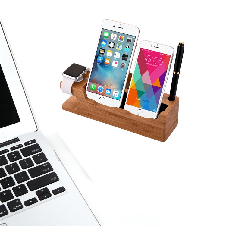 Bamboo Charging Stand Stent Pen/Card Holder for Apple Watch Phone Tablet - EU Plug-9