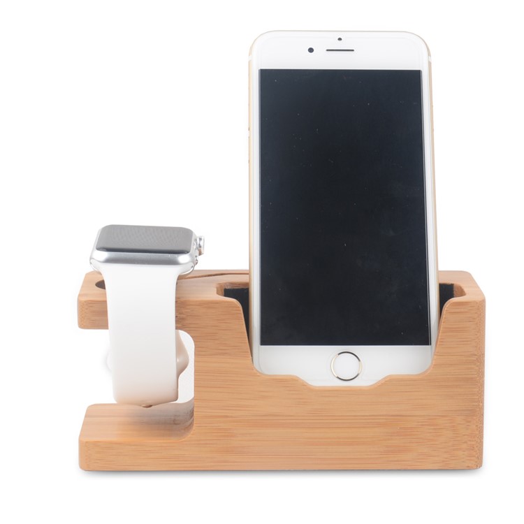 Natural Bamboo Charging Stand Desktop Mount for Apple Watch Smartphones - EU Plug-1