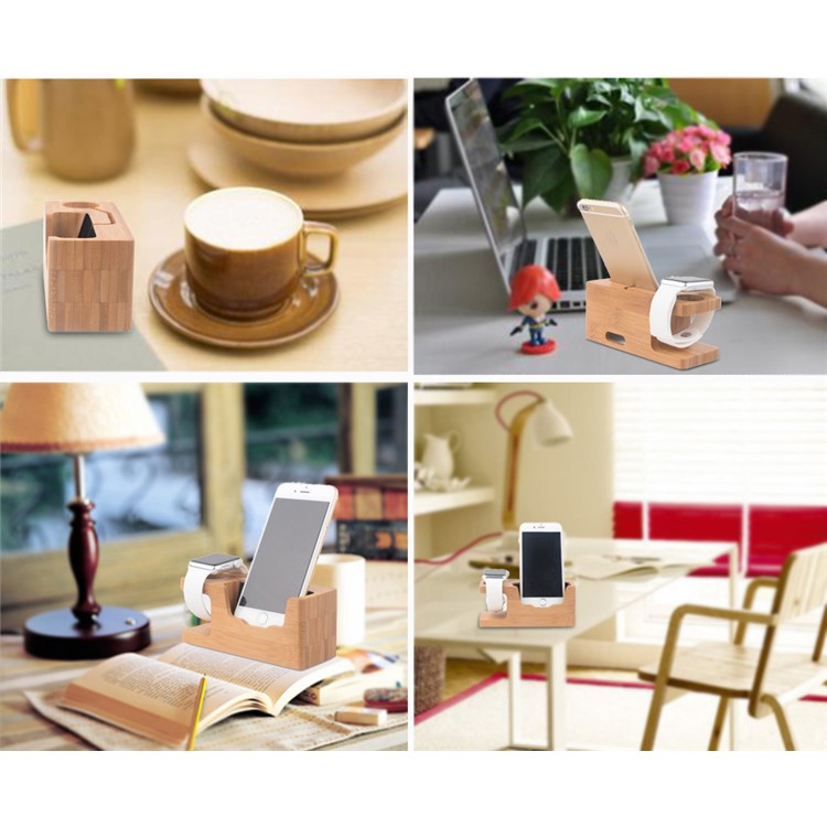 Natural Bamboo Charging Stand Desktop Mount for Apple Watch Smartphones - EU Plug-15