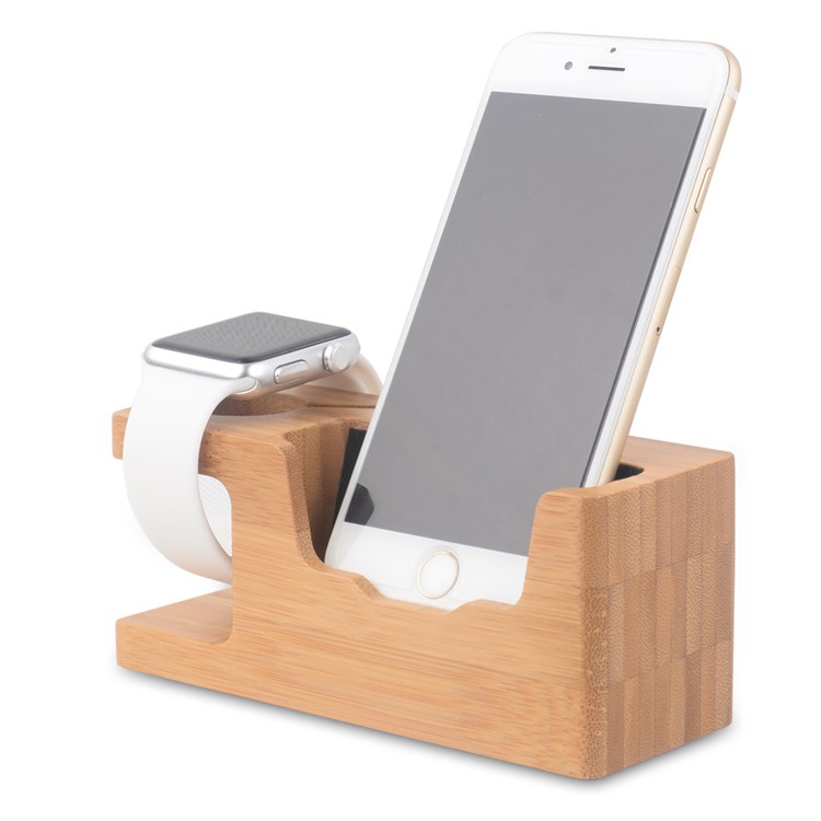 Natural Bamboo Charging Stand Desktop Mount for Apple Watch Smartphones - EU Plug-4