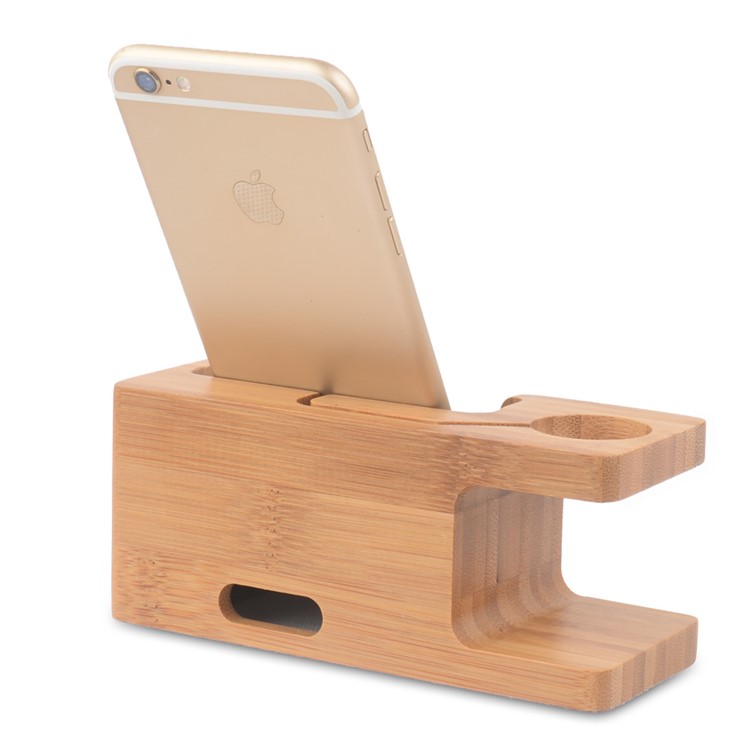 Natural Bamboo Charging Stand Desktop Mount for Apple Watch Smartphones - EU Plug-5