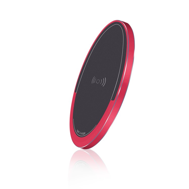 N16 Aluminum Alloy Portable Qi Fast Charger Wireless Slim Round Shape Charging Pad for iPhone 8/8 Plus Etc. - Black / Red-1