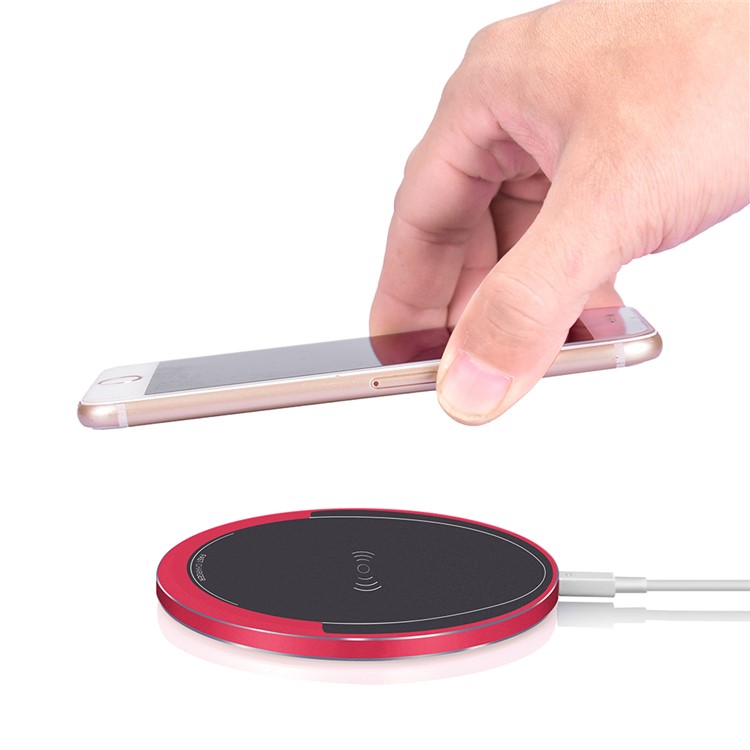 N16 Aluminum Alloy Portable Qi Fast Charger Wireless Slim Round Shape Charging Pad for iPhone 8/8 Plus Etc. - Black / Red-2
