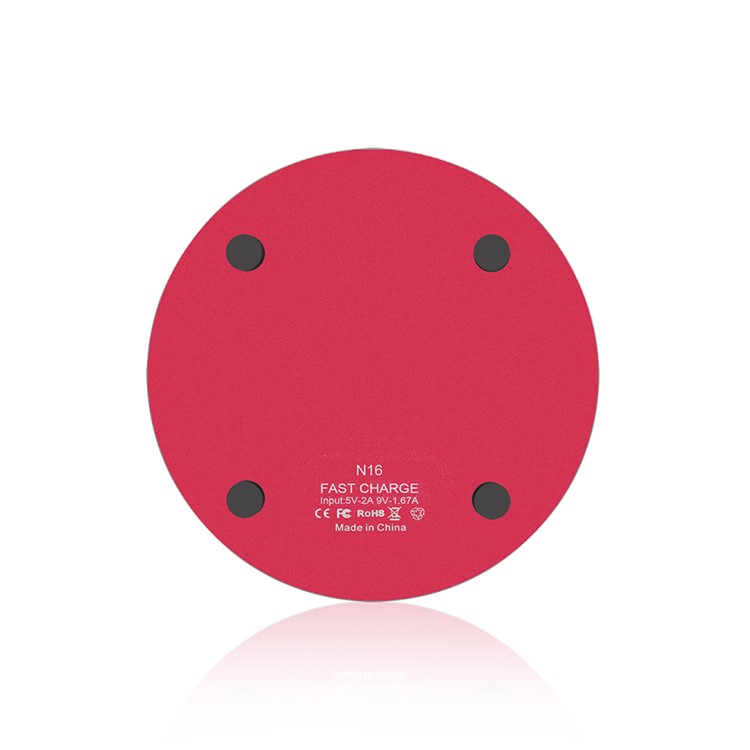 N16 Aluminum Alloy Portable Qi Fast Charger Wireless Slim Round Shape Charging Pad for iPhone 8/8 Plus Etc. - Black / Red-4
