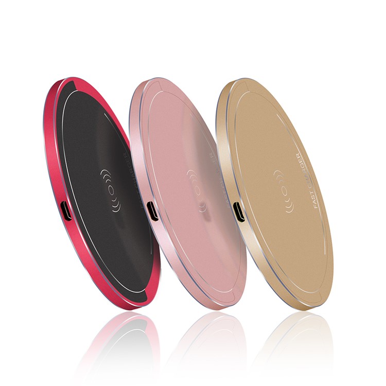N16 Aluminum Alloy Portable Qi Fast Charger Wireless Slim Round Shape Charging Pad for iPhone 8/8 Plus Etc. - Black / Red-6
