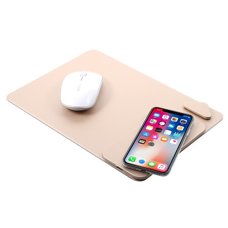 WUW C54 Detachable Qi Wireless Charger Stand Leather Mouse Pad for iPhone X/8/8 Plus etc. - Gold-7