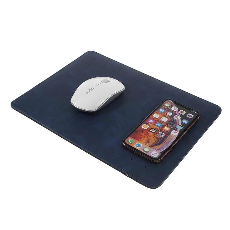 Creative 2-in-1 PU Leather Mouse Pad + Qi Wireless Charging Mat - Dark Blue-1