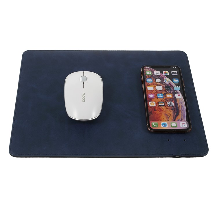 Creative 2-in-1 PU Leather Mouse Pad + Qi Wireless Charging Mat - Dark Blue-2