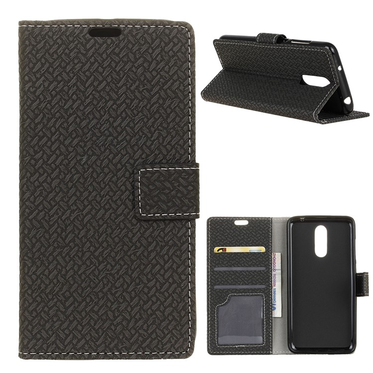 Woven Texture PU Leather Wallet Stand Case for Alcatel 5 - Black-1