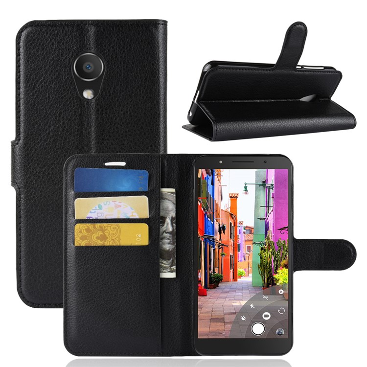 Litchi Skin Wallet Leather Stand Case for Alcatel 1C - Black-1