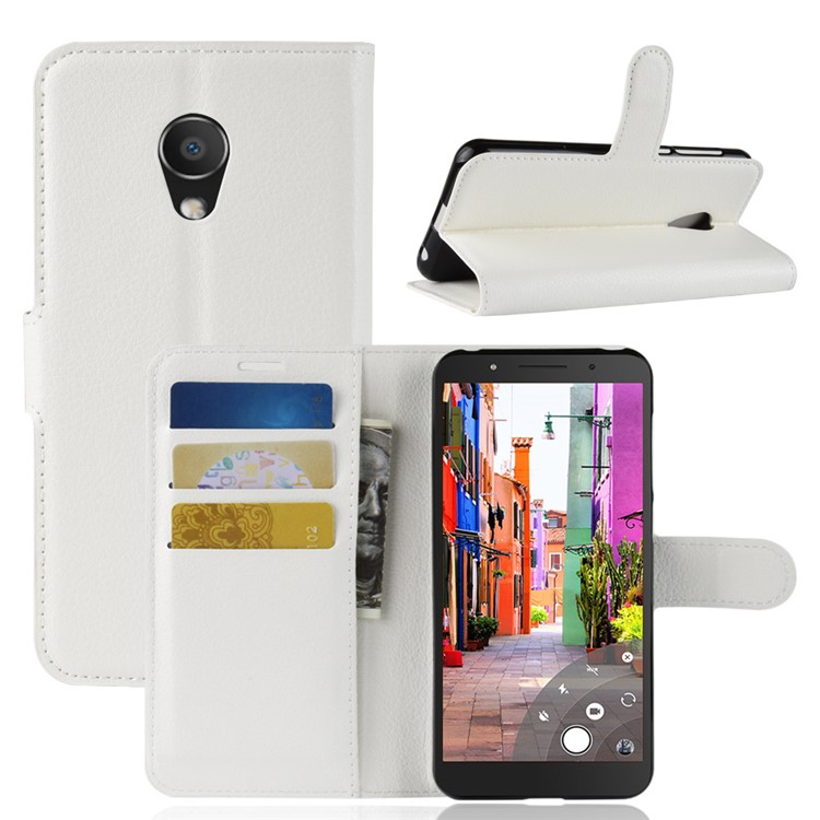 Litchi Skin Wallet Leather Stand Cover for Alcatel 1C - White-1