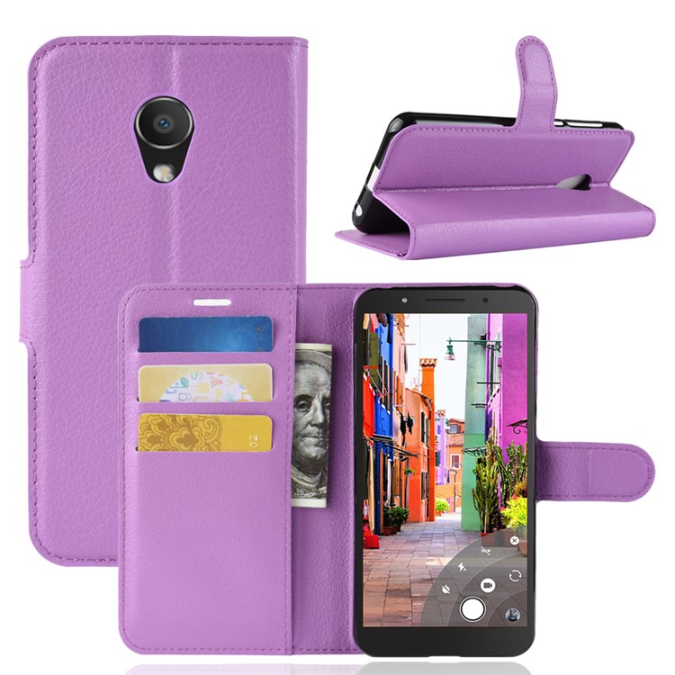 Litchi Skin Leather Stand Cover with Card Slots for Alcatel 1C - Purple-1
