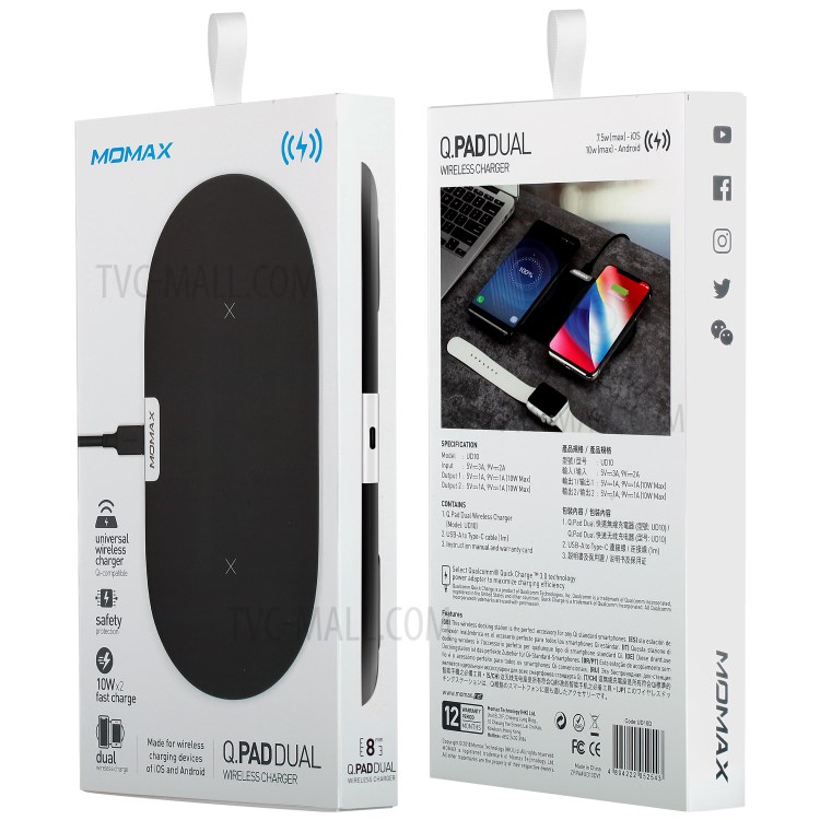 MOMAX Q. Pad Dual Quick Charge Qi Wireless Charging Pad for iPhone X/8/8 Plus, Samsung Note S9 - Black-12