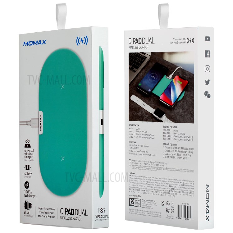 MOMAX Q. Pad Dual Quick Charge Qi Wireless Charging Mat for iPhone X/8/8 Plus, Samsung Note S9 - Cyan-13