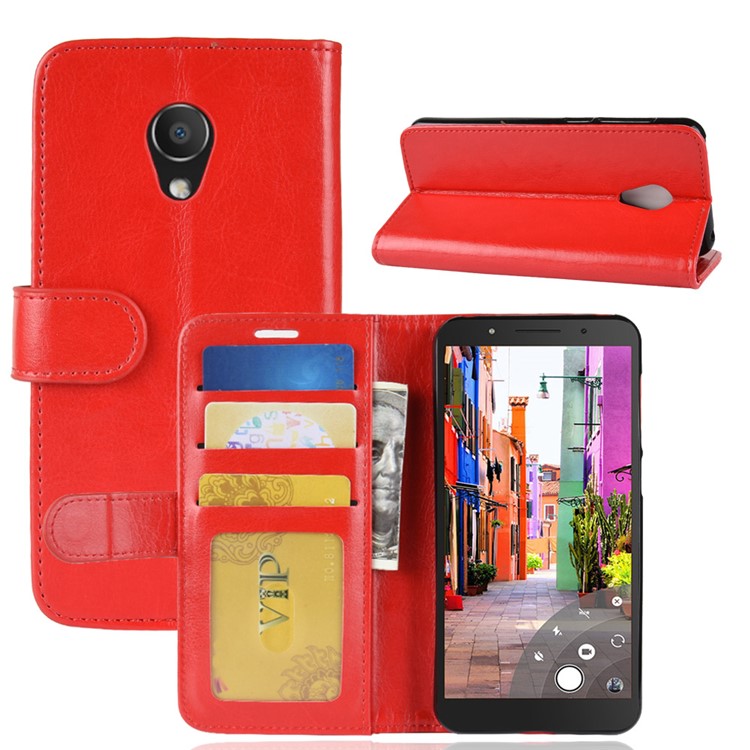Crazy Horse Texture Wallet Stand Leather Phone Shell for Alcatel 1C - Red-2
