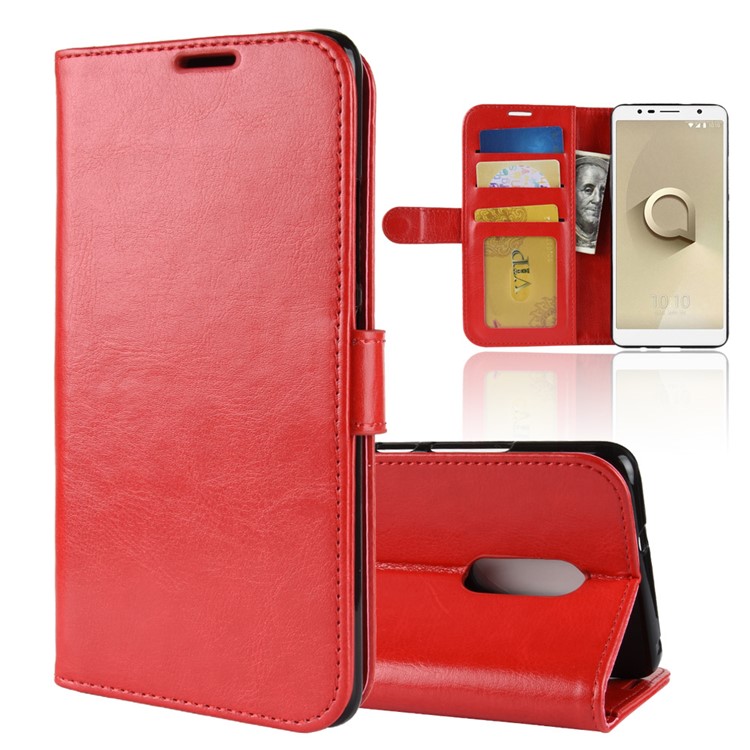 Crazy Horse Texture Wallet Stand Leather Phone Shell for Alcatel 3C - Red-1