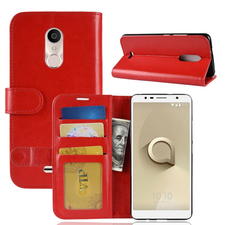 Crazy Horse Texture Wallet Stand Leather Phone Shell for Alcatel 3C - Red-10