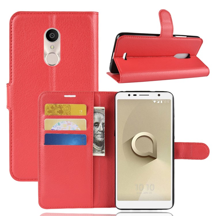 Litchi Texture Wallet Stand Leather Shell for Alcatel 3C - Red-1