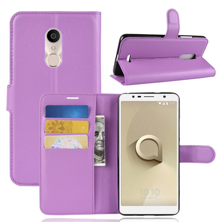 Litchi Texture Wallet Stand Leather Mobile Casing for Alcatel 3C - Purple-1