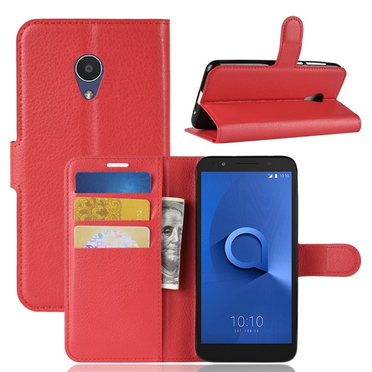 Litchi Texture Wallet Stand Leather Flip Shell for Alcatel 1X - Red-1