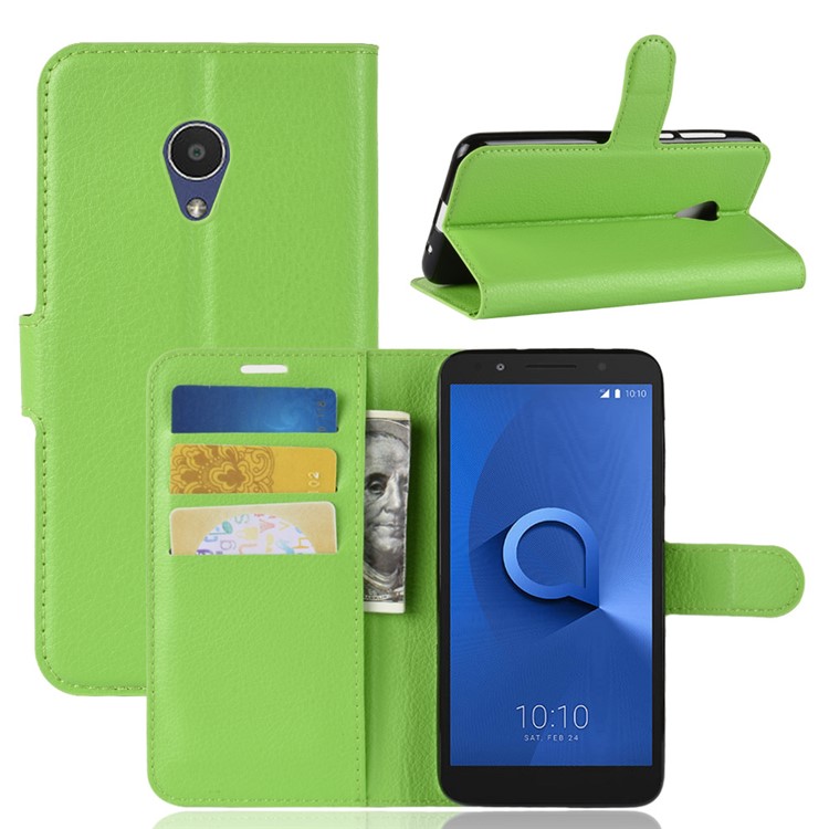 Litchi Texture Wallet Stand Leather Flip Cell Phone Case for Alcatel 1X - Green-1